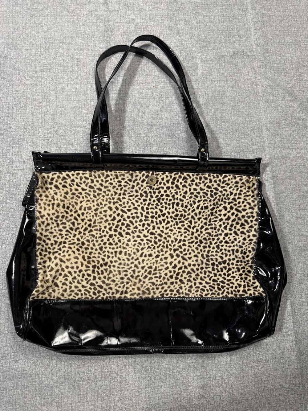 Vintage Bullocks Leopard Print Calf Hair Black Patent Leather Large Tote Italy